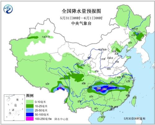 全国降水量预报图（5月31日08时-6月1日08时）