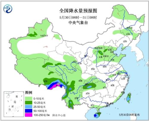 全国降水量预报图（30日08时-31日08时）