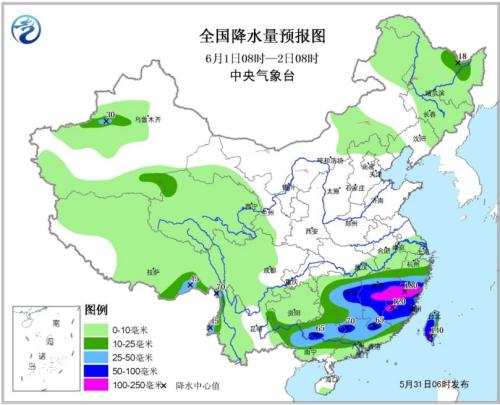 图3 全国降水量预报图(6月1日08时-6月2日08时)