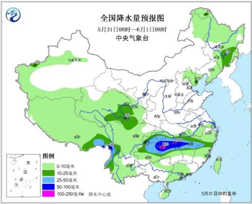 图2 全国降水量预报图(5月31日08时-6月1日08时)