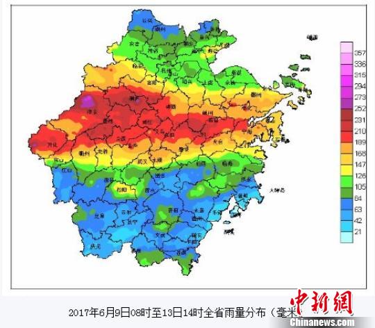 6月9日8时至6月13日14时,浙江省面雨量119mm。 浙江天气网提供 摄