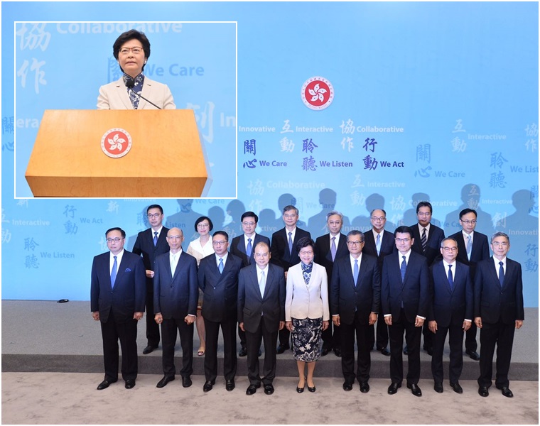 林郑月娥与新一届特区政府班组会见记者（图源：头条日报）