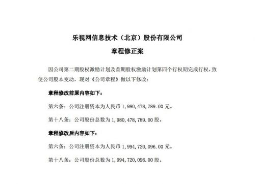 乐视网期权激励完成行权 公司股本和注册资本