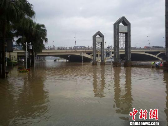 图为桂林解放桥滨江路一片汪洋。　钟欣　摄