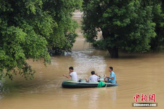 7月3日，受连日强降雨影响，广西柳州市区柳江河水位暴涨，部门沿江路段被洪水淹没。图为当地民众在被洪水淹路段划皮划艇放网打鱼。 林馨 摄