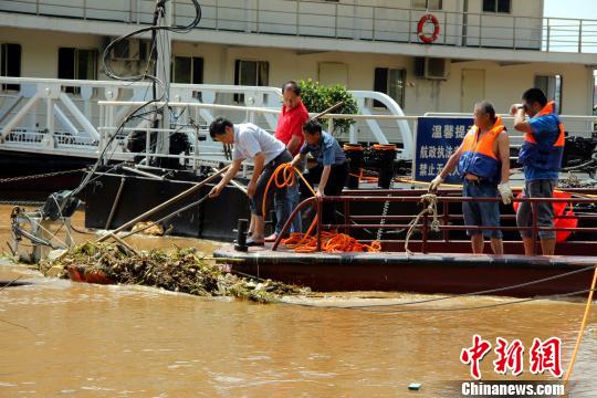 圖為志願者清理江中雜物。　盧文偉 攝