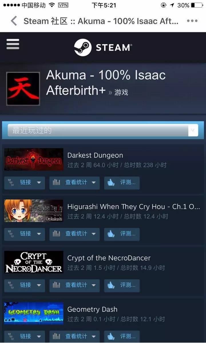  克里斯滕森在游戏平台steam上的主页截图，被拘捕前两周他最常登陆的游戏是《黑暗地牢》。