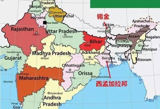 锡金与西孟加拉邦的地理位置图