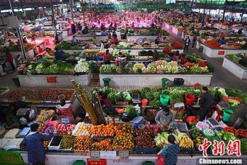 资料图:市民在广西南宁市华园菜市选购新鲜蔬菜。 <a target=\'_blank\' href=\'http://www.chinanews.com/\'>中新社</a>记者 胡雁 摄