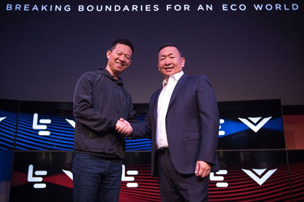 乐视创始人兼CEO贾跃亭（左）和Vizio创始人兼CEO王蔚（右）。