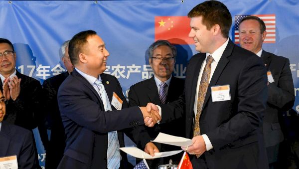 7月13日，在美国艾奥瓦州首府得梅因，中美企业家在签署大豆购买协议后握手。（美国艾奥瓦州大豆协会网站）