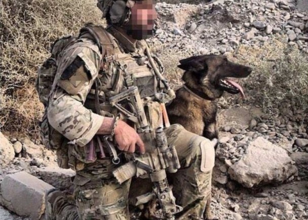 士兵手持突击步枪出镜，还携带军犬拍照