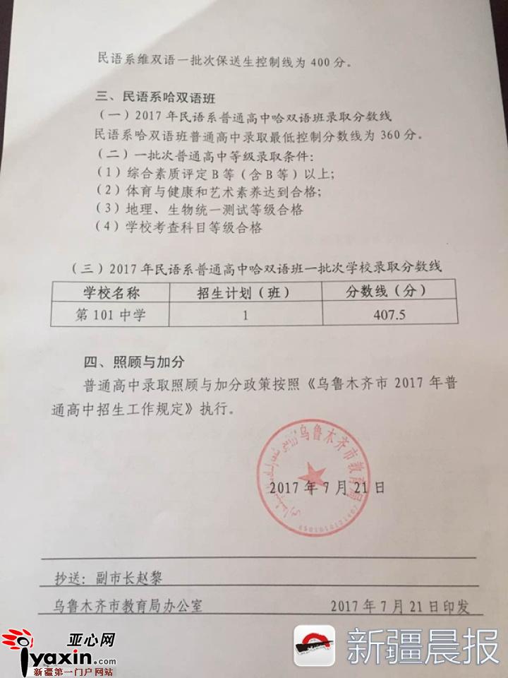 2017年乌鲁木齐中考一批次录取分数线公布|分