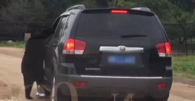 　▲“八达岭动物园游客开车窗喂熊”的视频截图，熊扒在车窗不走。