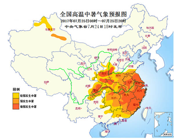 全国高温中暑气象预报图。