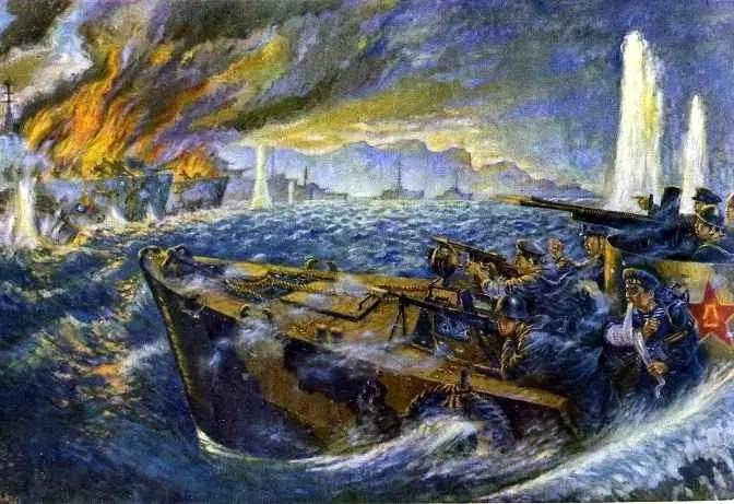 1950年万山海战时，解放号炮艇向敌舰队群发起攻击  （油画《垃圾尾岛海战》）
