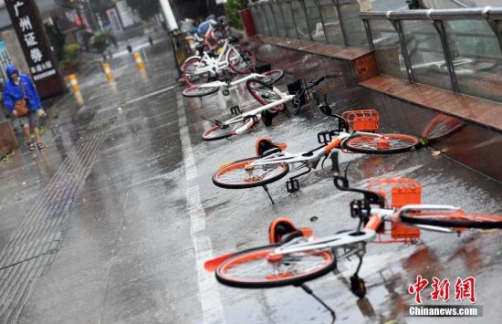 市区五四路上共享单车被刮倒一地。<a target=/'_blank/' href=/'http://www.chinanews.com//'>中新社</a>记者 刘可耕 摄 “纳沙”“海棠”携豪雨狂风齐袭福建