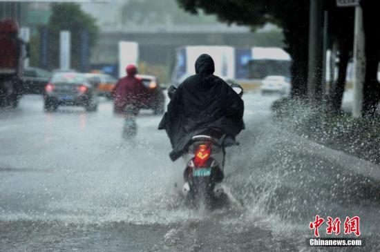 7月31日,暴雨侵袭福州,市民艰难出行。今年第10号台风“海棠”(热带风暴级)的中心于7月31日2时50分前后在福建省福清市沿海登陆,登陆时中心附近最大风力有8级(18/米/秒),中心最低气压990百帕。<a target=/'_blank/' href=/'http://www.chinanews.com//'>中新社</a>记者 王东明 摄 双台风欲“合并”北上 长三角多地发暴雨和台风预警