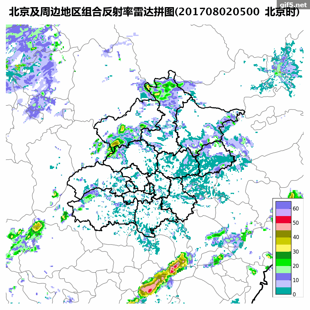 北京及周边地区5时至5时48分雷达拼图。(来源:@气象北京)