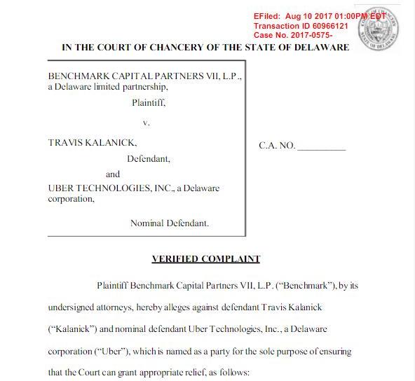 Uber投资方Benchmark Capital正在起诉Uber前首席执行官特拉维斯·卡兰尼克（Travis Kalanick）
