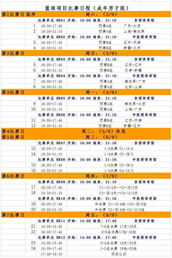 全运会篮球赛程公布 新疆男篮三场小组赛均在