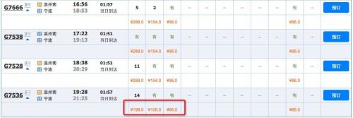 图注：8月17日温州南至宁波不同高铁车次的票价