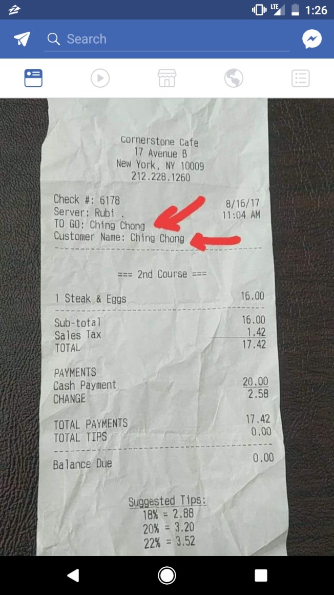  写有“Ching Chong”歧视字样的订餐单