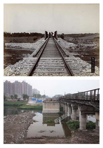 被拆掉的京张铁路南沙河大桥，古今同角度对比，照片系由南向北拍摄