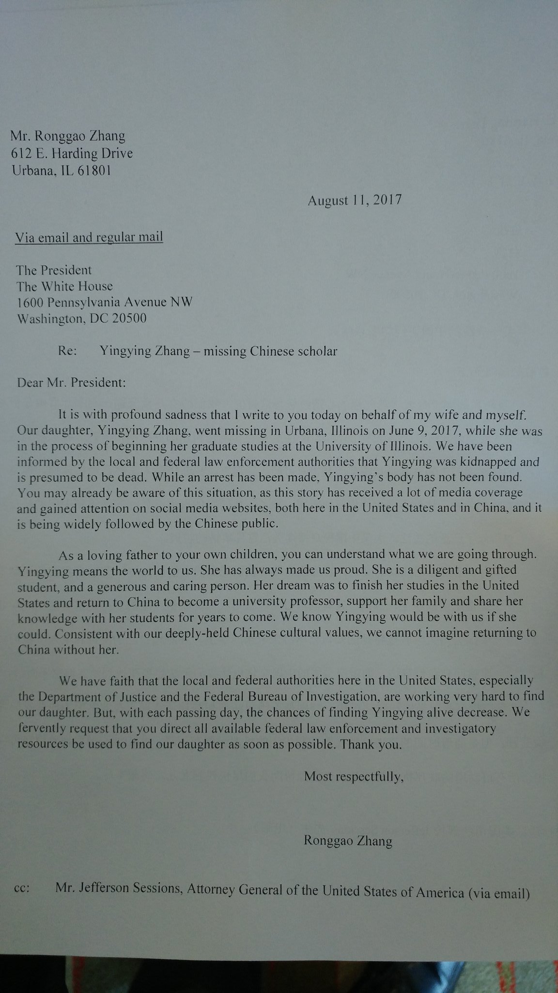  章莹颖家人写给美国总统特朗普的请愿信。