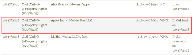 ▲苹果起诉Mobile Star侵犯知识产权案（图片来源：加州北区法院）