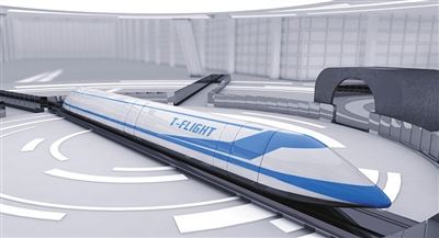 “高速飞行列车”模拟图，这是列车中转站，列车可以在这里转向，前往不同目的地。航天科工集团供图