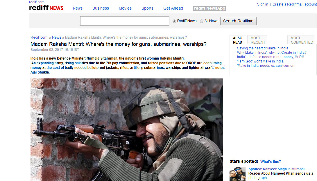 图片：印度最大的新闻门户网站雷迪夫新闻网向女国防部长开炮，我们买武器的钱在哪？