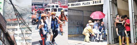 图左为华人区美轮大厦发生火警时冒出浓烟，右边三图为消防员救出被困的居民。（图：《菲律宾商报》/记者Tony Ramos 摄）