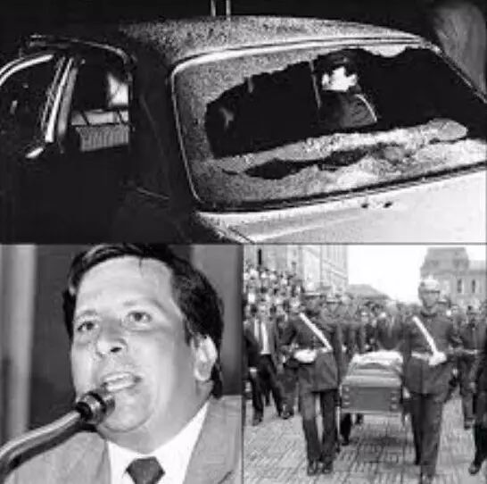 ▲资料图片：1984年4月30日，试图揭露埃斯科瓦尔并阻止其当选议员的时任哥伦比亚司法部长罗德里戈·拉腊·博尼利亚，在驱车回家时，被一名骑摩托的持枪暴徒打死。