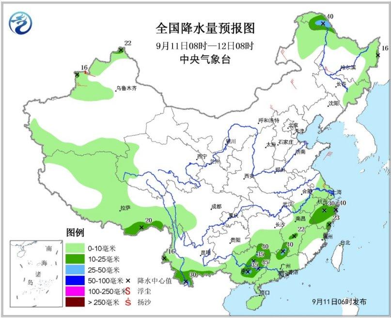 全国降水量预报图（9月11日08时-12日08时）