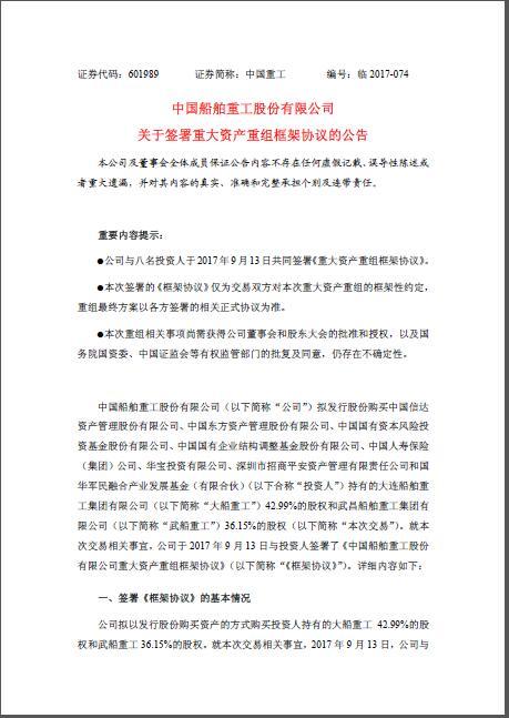 中国重工拟发行股份收购大船重工和武船重工股