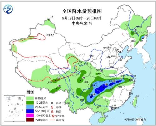 天下降水量预告图(9月19日08时-20日08时)