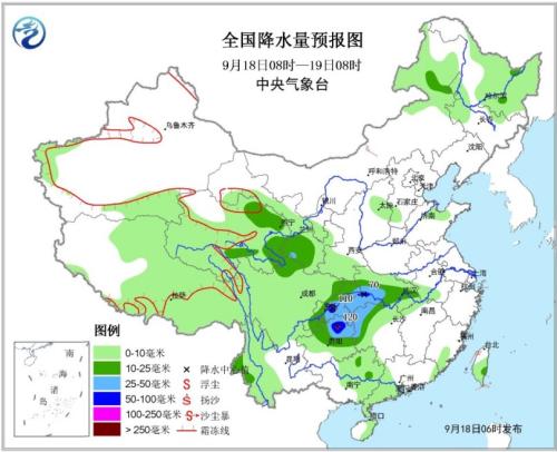 全国降水量预报图（9月18日08时-19日08时）