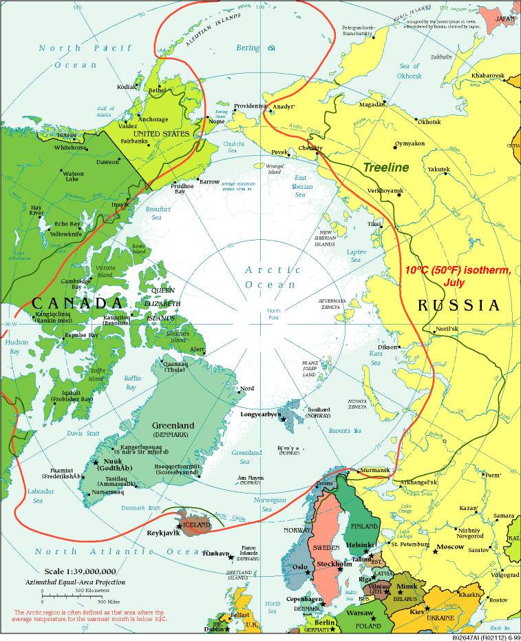 ▲北极地区地理位置示意图（维基百科）