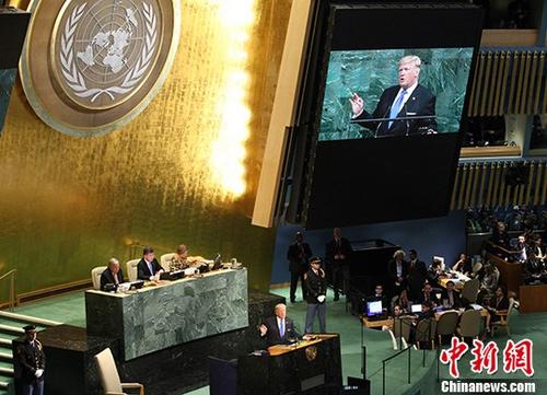 9月19日，第72届联合国大会一般性辩论在纽约联合国总部开幕。图为首次参加一般性辩论的美国总统特朗普在发言。 中新社记者 马德林 摄