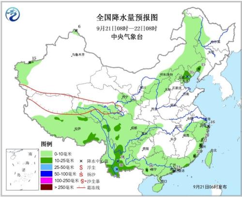 图1 全国降水量预报图（9月21日08时-22日08时）