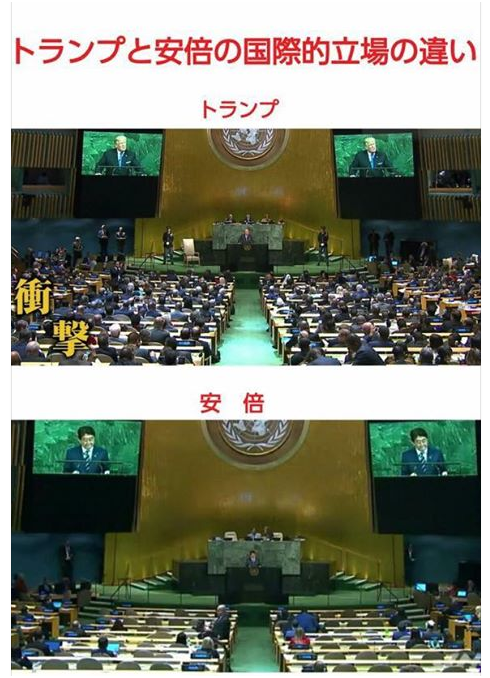 图注文字:特朗普(上)和安倍(下)在国际社会地位的不同。
