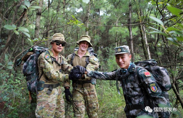 中澳双方队员协同穿越丛林训练,到达终点。