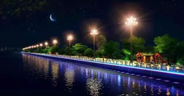 全长2.4公里的坝梯护栏和亲水台设置一条灯带,打造华丽夜景.