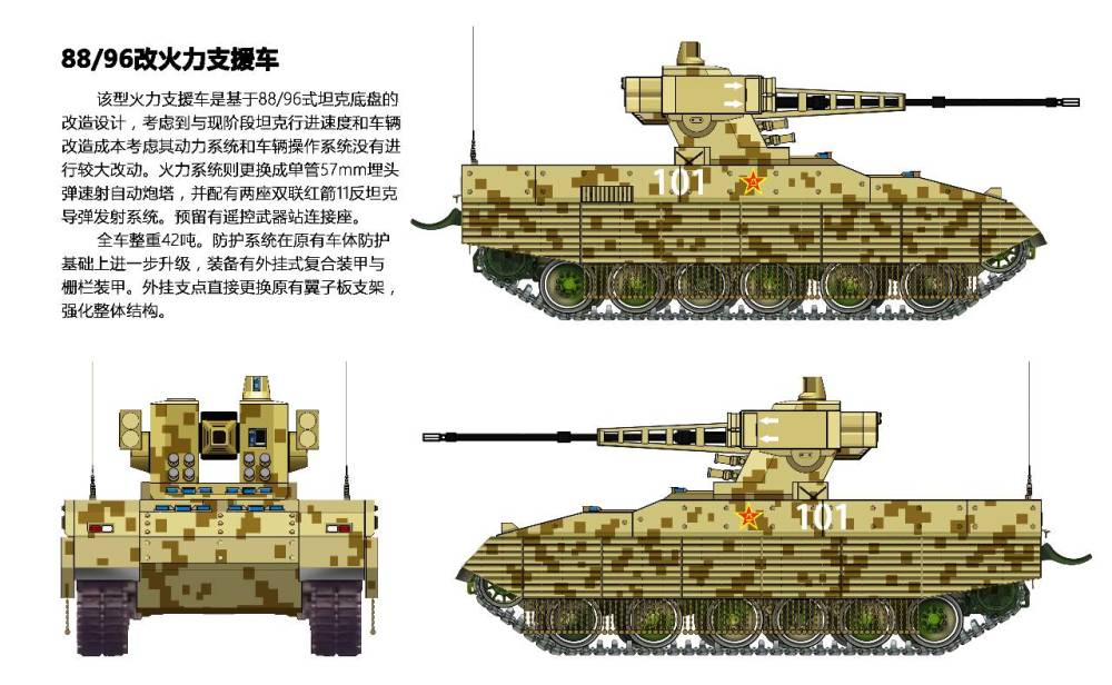 以88坦克为底盘改装坦克支援车的一种设想。为了增加开墙打洞和压制敌方重火器的能力，故将主武器换成了57毫米口径火炮。