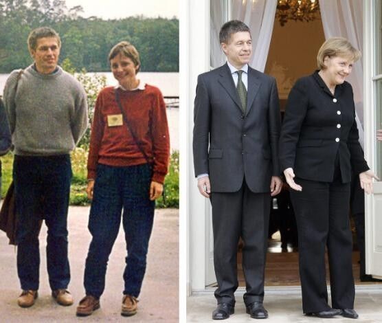 默克尔和丈夫约阿希姆·绍尔在一起，左图拍摄于1989年，右图拍摄于2007年。（法新社）