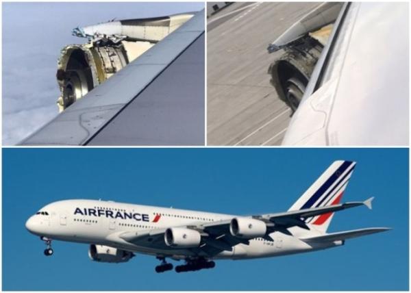 有乘客拍下引擎损毁情况（图左上及右上）。图下为法航A380班机。