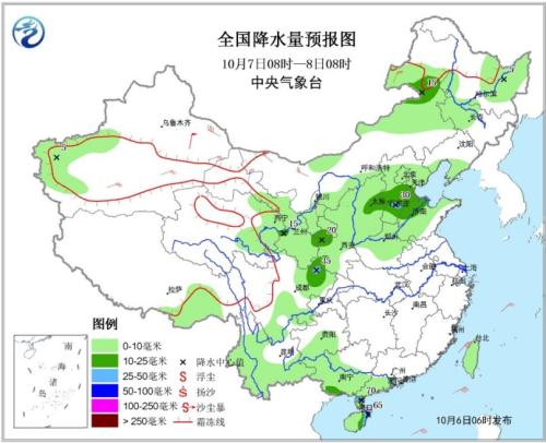 图2 全国降水量预报图(10月7日08时-8日08时)