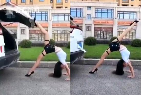 辣妈一字马关后备箱走红 长腿美女争相效仿