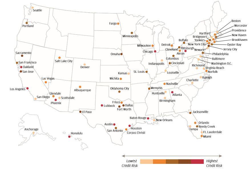  ▲美国各大主要城市信用风险级别（图片来源：摩根大通）